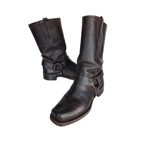 Vintage 80s FRYE Leather Harness Square Toe Moto Cowboy Boot Men's Size 10 Brown - Picture 5 of 16